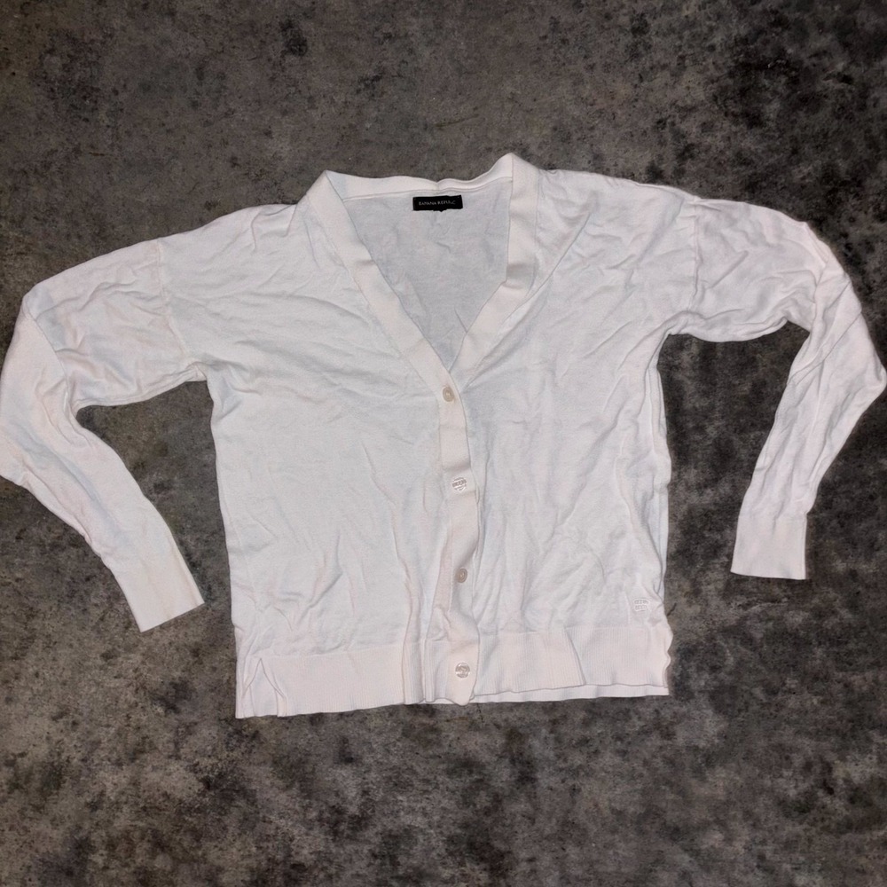 Banana Republic Cardigan Sweater Womens Medium White Cotton V Neck Button Front - Picture 2 of 14